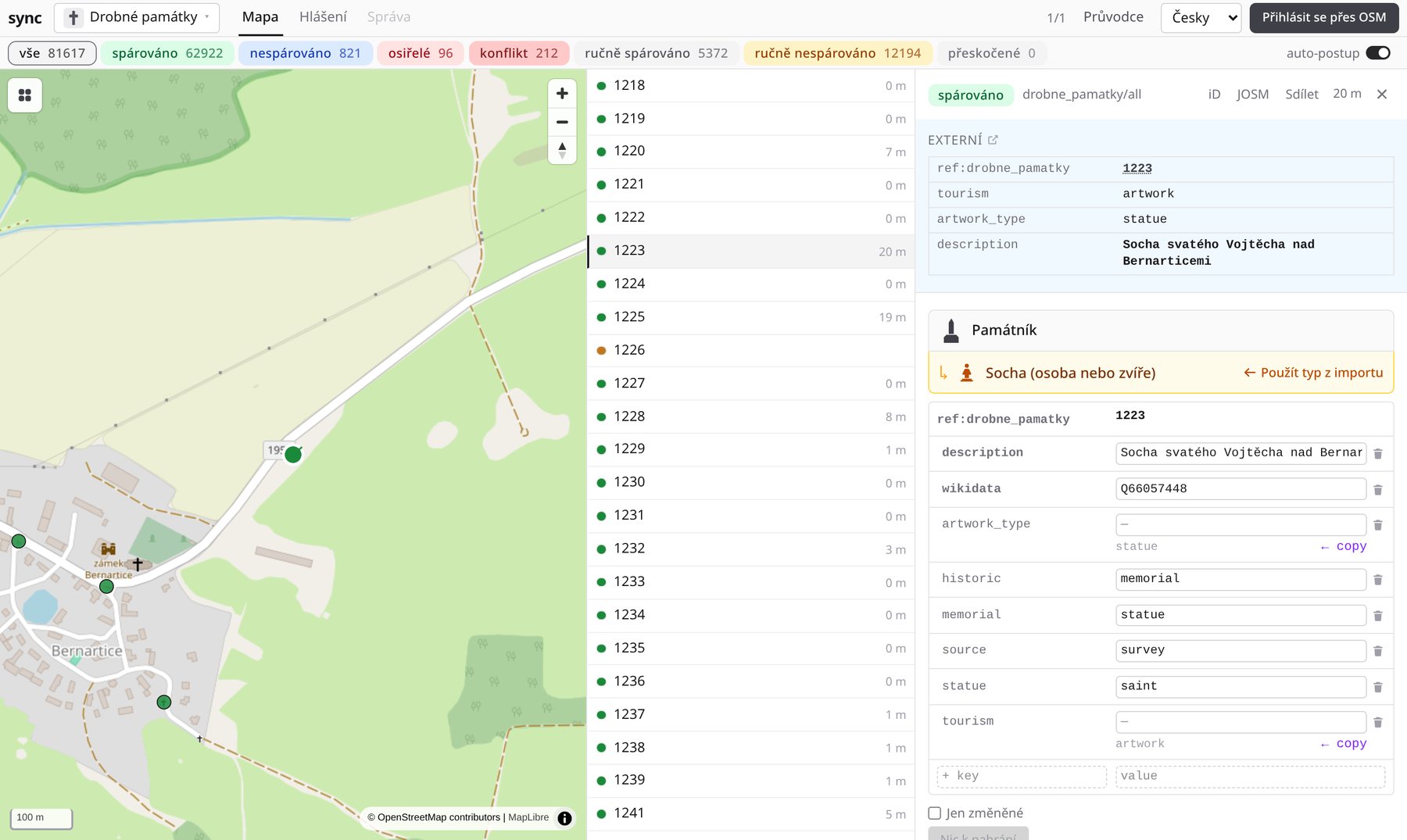 sync: posąg koło Bernartic połączony z obiektem w OpenStreetMap